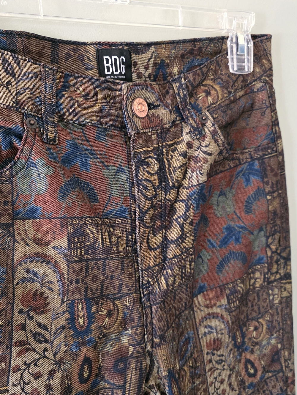 BDG 28 70s Hippie Boho Festival Paisley Tapestry Jacquard Patchwork Flare Jeans - Picture 7 of 16